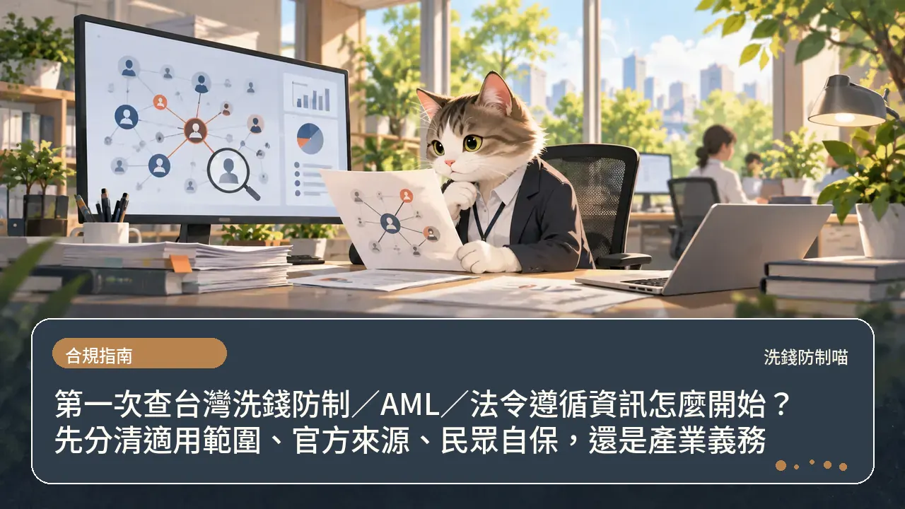 第一次查台灣洗錢防制／AML／法令遵循資訊怎麼開始？先分清適用範圍、官方來源、民眾自保，還是產業義務主題插畫